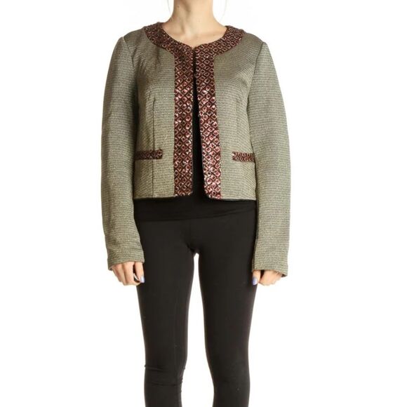 Anthropologie BEATRICE B. Gray Metallic Sequin Border Jacket M - Picture 5 of 15